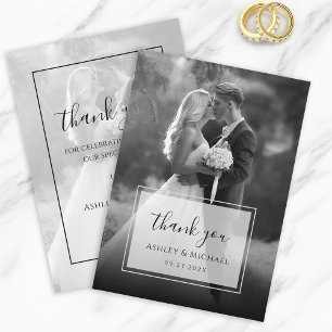 Cartão De Agradecimento Elegante Foto de Casamento Preto e Branco Roteiro 