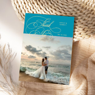 Cartão De Agradecimento Elegante Foto de Casamento Script Azul Água