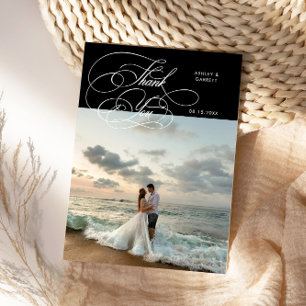 Cartão De Agradecimento Elegante Foto de Casamento Script Preto