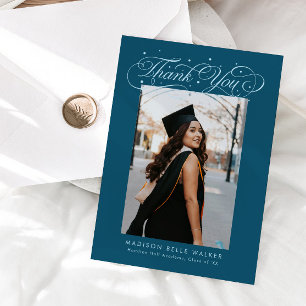 Cartão De Agradecimento Elegante Foto de Formatura em Script Azul Turquesa