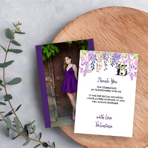 Cartão De Agradecimento Elegante Foto de Quinceanera com Wisteria Roxa