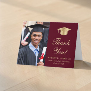 Cartão De Agradecimento Elegante Foto em Script Dourado Burgundy de Gradua