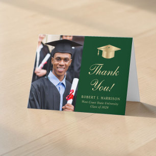 Cartão De Agradecimento Elegante Foto em Script Dourado Graduação Verde