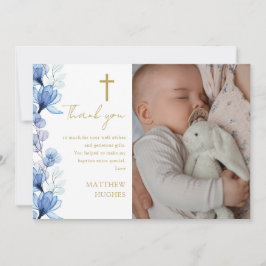 Cartão De Agradecimento Elegante Foto Floral Azul Batismo Batizado