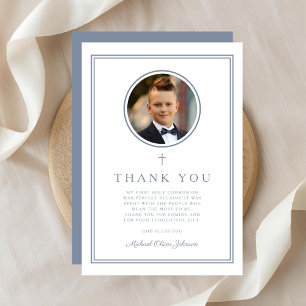 Cartão De Agradecimento Elegante Foto Menino Primeira Comunhão em Azul Poe