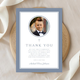 Cartão De Agradecimento Elegante Foto Menino Primeira Comunhão em Azul Poe
