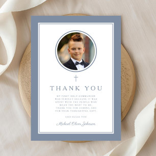 Cartão De Agradecimento Elegante Foto Menino Primeira Comunhão em Azul Poe