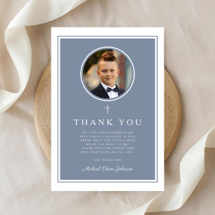 Cartão De Agradecimento Elegante Foto Menino Primeira Comunhão em Azul Poe