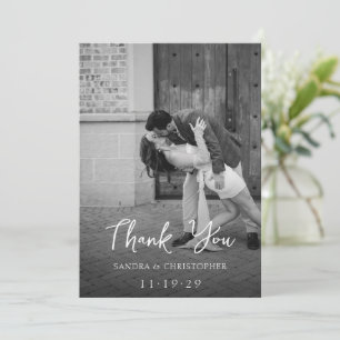 Cartão De Agradecimento Elegante Foto Preto e Branco Casamento Moderno