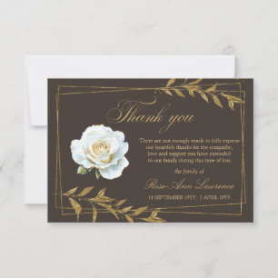 Cartão De Agradecimento Elegante Funeral Rosa Branca Folhas Douradas