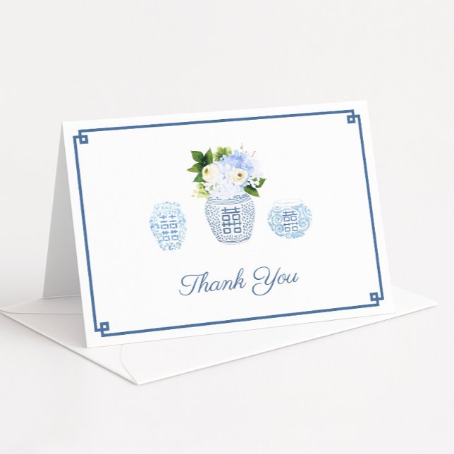 Cartão De Agradecimento Elegante Ginger Jar Hydrangea Personalizada (Chinoiserie chic ginger jars filled with watercolor blue and white flowers)