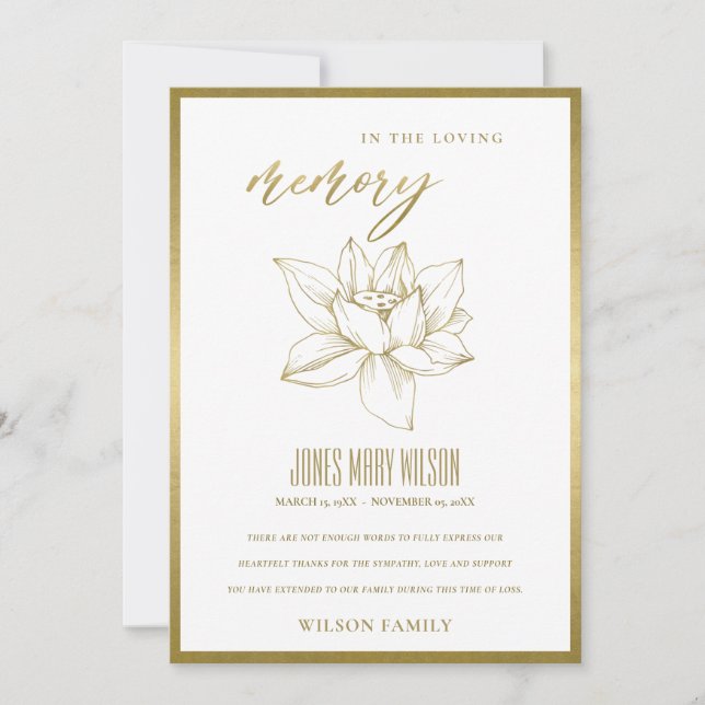 CARTÃO DE AGRADECIMENTO ELEGANTE GOLD FOIL WATLY LILY SYMPATHY MEMORIAL (Frente)