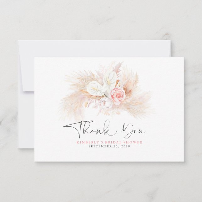 Cartão De Agradecimento Elegante Grama das Pampas Floral Rosa Obrigado (Frente)