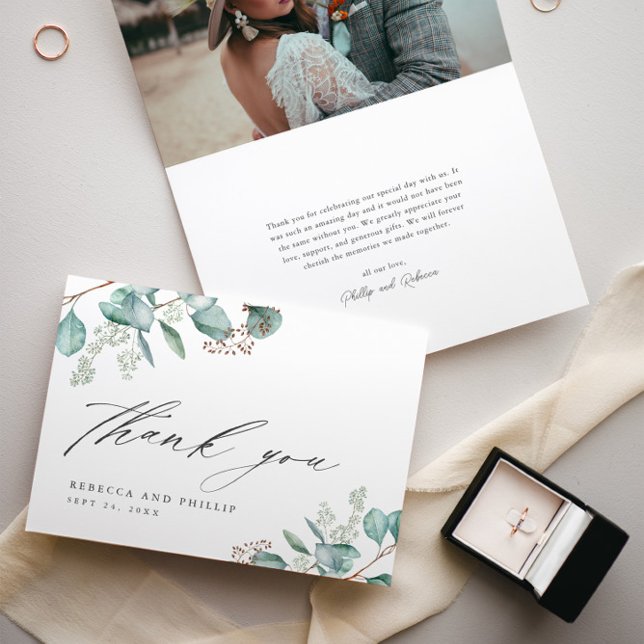 Cartão De Agradecimento Elegante Greenery Eucalyptus - Foto de Casamento (Elegant Eucalyptus Greenery Script Wedding Photo Thank You Cards.)