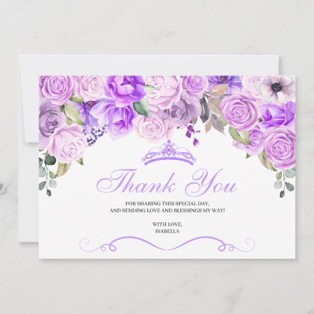 Cartão De Agradecimento Elegante Lilac Purple Floral Quinceanera Obrigado (Frente)