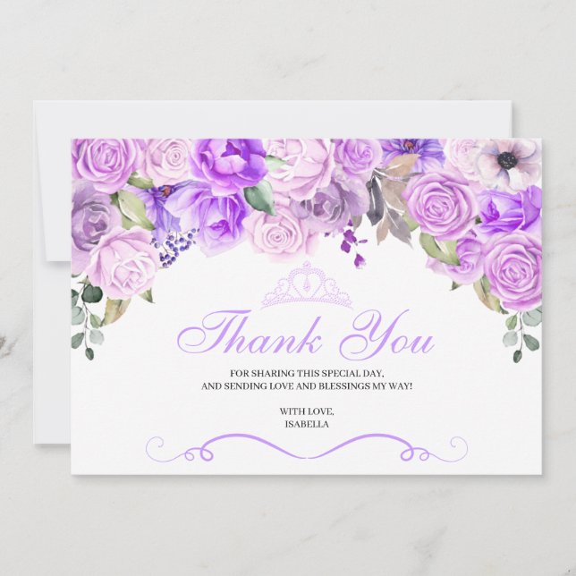 Cartão De Agradecimento Elegante Lilac Purple Floral Quinceanera Obrigado (Frente)