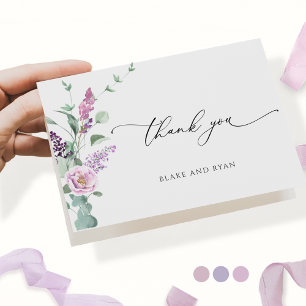Cartão De Agradecimento Elegante Lilás, Lilás Rosa, Floral Pastel para Cas