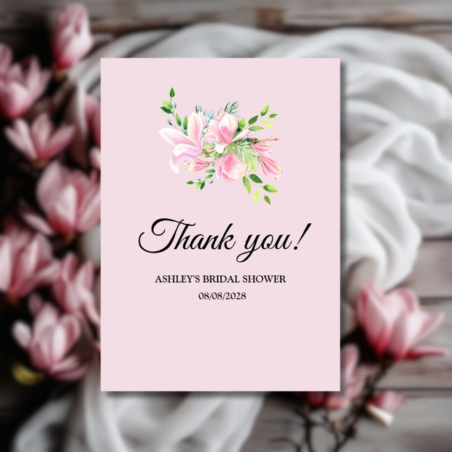 Cartão De Agradecimento Elegante Magnolia Rosa Chá de panela de Aquarela (Elegant Pink Magnolia Watercolor Bridal Shower Thank You Card)