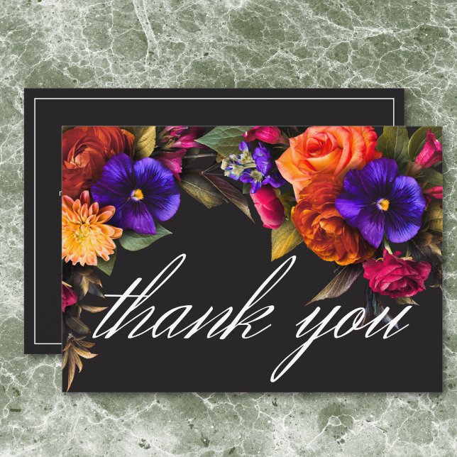 Cartão De Agradecimento Elegante Mal-humorado Vibrante Floral de Colheita  (Elegant Moody Vibrant Harvest Floral Bridal Shower Thank You Card)