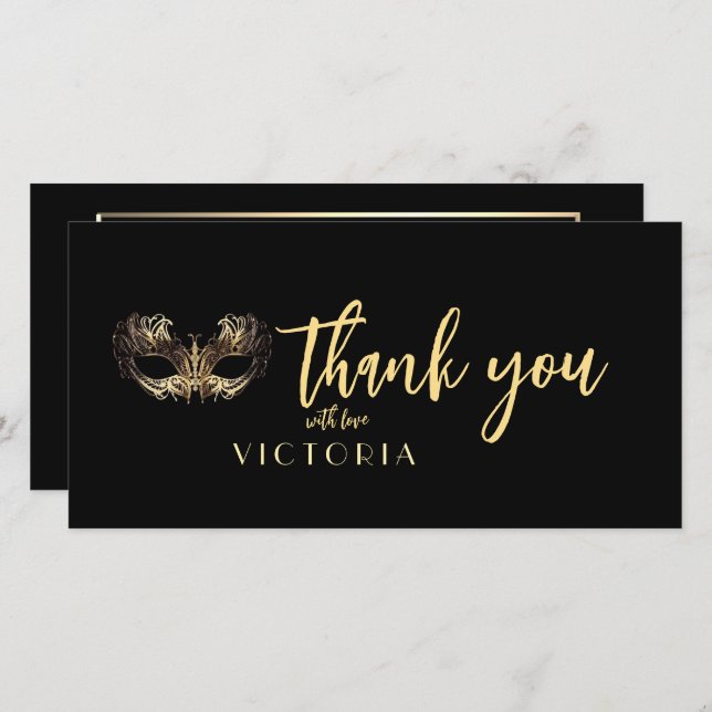 Cartão De Agradecimento Elegante Mascarada de ouro negro boêmico obrigado (Frente/Verso)