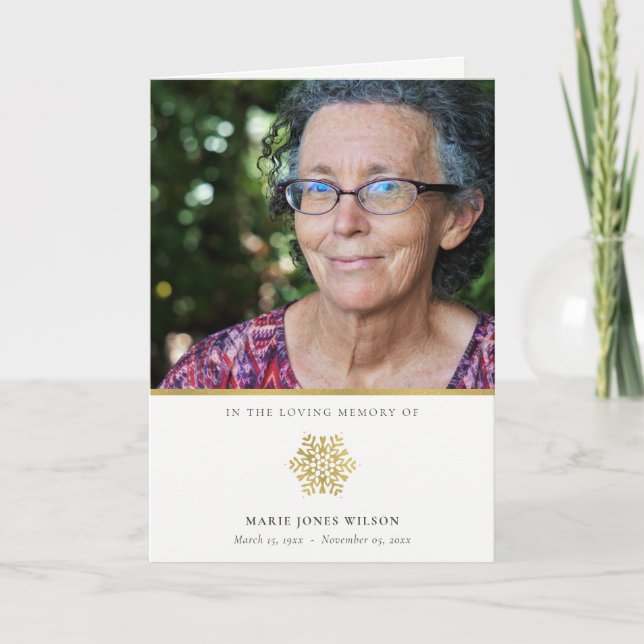 Cartão De Agradecimento Elegante Memorial Fotográfico de Snowflake Dourado (Frente)