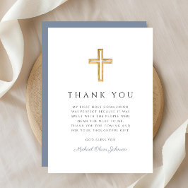 Cartão De Agradecimento Elegante Menino Religioso Azul Poento Primeira Com