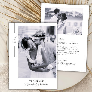 Cartão De Agradecimento Elegante Minimalista Preta Rótulo 2 Foto Casamento