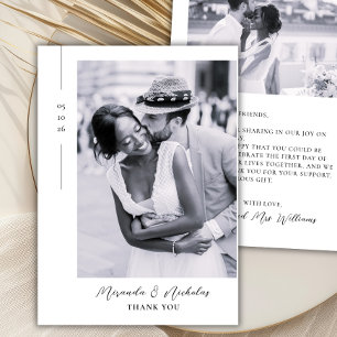 Cartão De Agradecimento Elegante Minimalista Preto Script 2 Foto Casamento