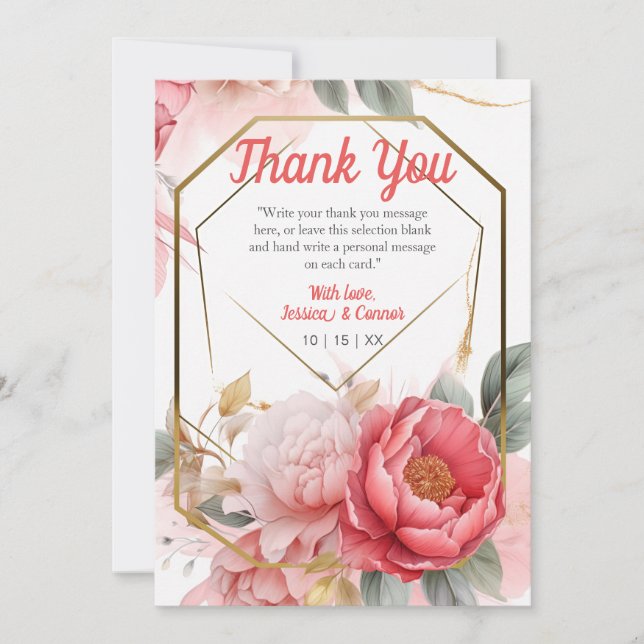 Cartão De Agradecimento Elegante Moldura Dourada de Noiva com Peônia Rosa  (Frente)