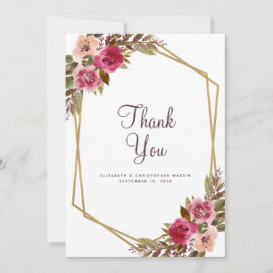 Cartão De Agradecimento Elegante Moldura Dourada Roxa Floral de Casamento