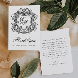 Cartão De Agradecimento Elegante Monograma de Cumeeira Vintage Casamento