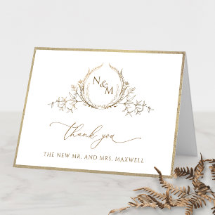 Cartão De Agradecimento Elegante Monograma Dourado e Moldura de Casamento