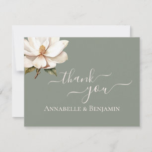 Cartão De Agradecimento Elegante Noiva Verde e Floral Branco Casamento