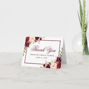 Cartão De Agradecimento Elegante Nota de Chuva de Noiva Floral Burgundy