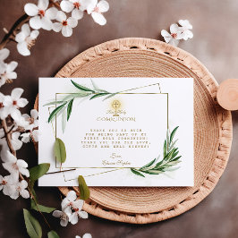 Cartão De Agradecimento Elegante Olive Deixa Dourado Menino Primeira Comun