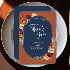 Cartão De Agradecimento Elegante outono laranja naval floral casamento