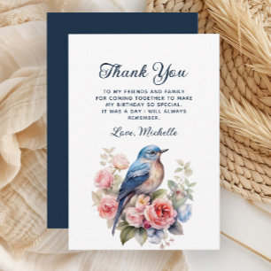 Cartão De Agradecimento Elegante Pássaro Azul Flores Rosa Aniversário Obri