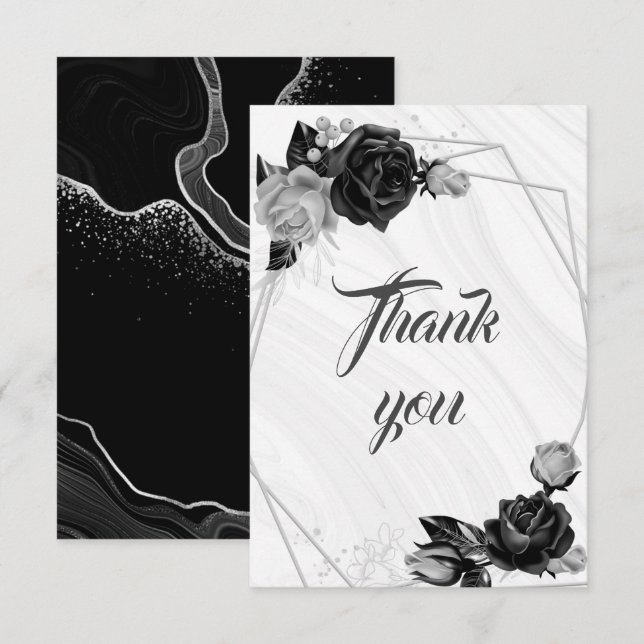 Cartão De Agradecimento elegante prata e flores pretas botânicas (Frente/Verso)