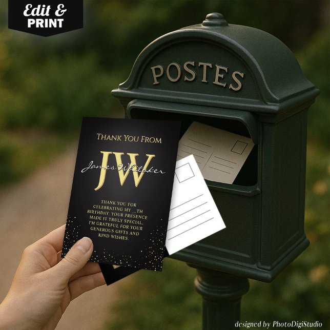 Cartão de Agradecimento Elegante Preto e Dourado c (Custom Initials Elegant Black Gold Thank You Card)