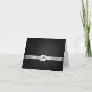 Cartão De Agradecimento Elegante Preto e Prata com Monograma Obrigado
