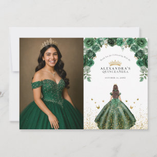 Cartão De Agradecimento Elegante Quinceañera Floral Esmeralda Falso Folhea