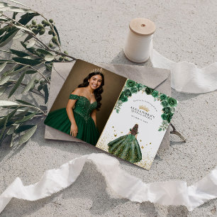 Cartão De Agradecimento Elegante Quinceañera Floral Esmeralda Falso Folhea