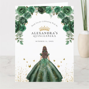 Cartão De Agradecimento Elegante Quinceañera Floral Falso Folha Esmeralda