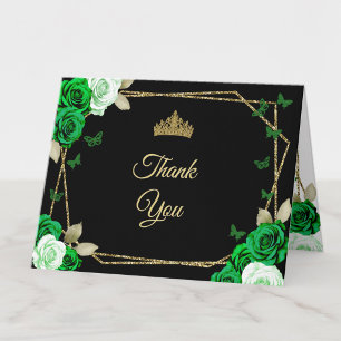 Cartão De Agradecimento Elegante Quinceanera Preto Dourado Rosas Verdes