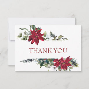 Cartão De Agradecimento Elegante Red Poinsettia Pine Fir Watercolor