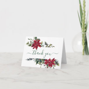 Cartão De Agradecimento Elegante Red Poinsettia Pine Fir Watercolor