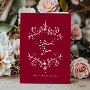 Cartão De Agradecimento Elegante Romance Vintage Floral Bordeaux Casamento