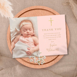 Cartão De Agradecimento Elegante Rosa Bege Baptismo Foto em Dourado