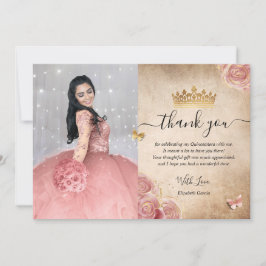 Cartão De Agradecimento Elegante Rosa Bege e Dourado Foto de Quinceanera