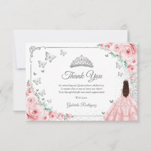 Cartão De Agradecimento Elegante Rosa Chic Rosas Quinceanera Prata